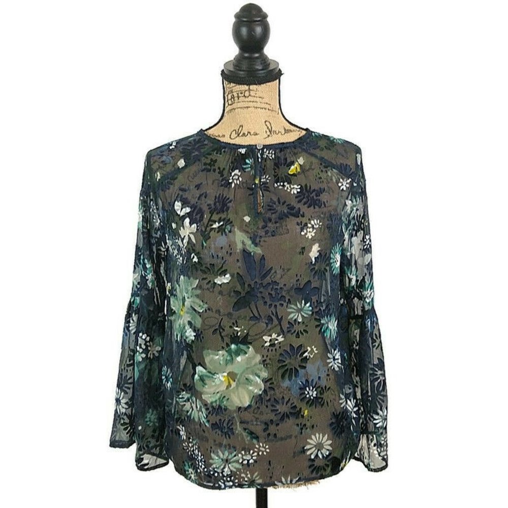 Loft Womens sz XS Top Blouse Blue‎ Floral Sheer Button Keyhole Long Bell Sleeve